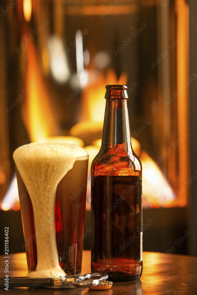 Foaming Beer in Glass & Fireplace (171996FBND8RM)