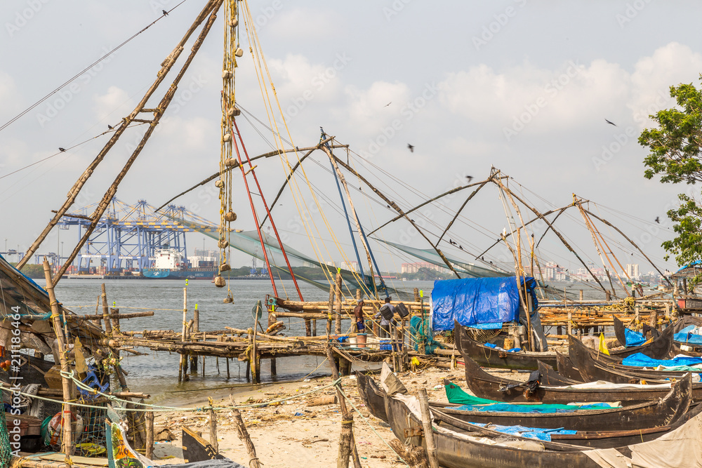 View of chinese fishing nets at Fort Kochi also known as Cochin, Kerala, India