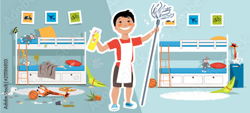 Little boy with a mop and cleaning tools in front of a children bedroom before and after cleaning, EPS vector illustration