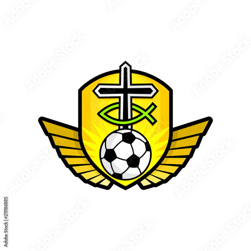 Christian sports logo. The golden shield, the cross of Jesus, the sign of the fish, the wings, and the soccer ball. Emblem for competition, ministry, conference, camp, seminar, etc.
