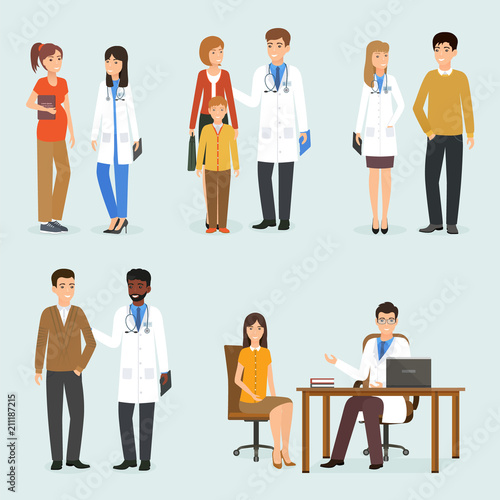 Medical doctors with their patients in different situations. Five medicine situations with different people
