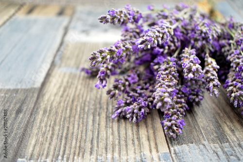 Lavender on a wooden background stock images. Bunch of french lavender. Relaxing scented lavender flowers on empty wooden background