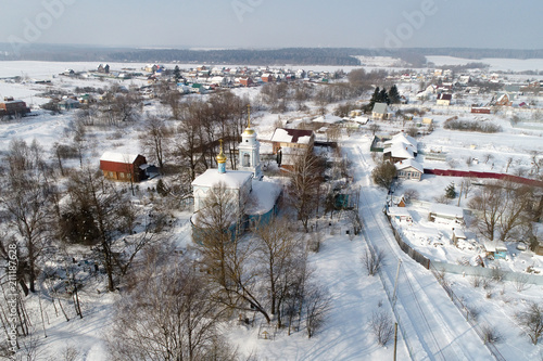 Aerial view of The Church of the Annunciation of Holy Virgin in the Salkovo village, Podolsk district, Moscow region, Russia