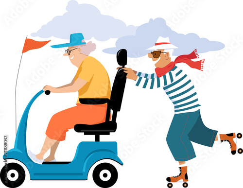 Elderly woman driving a mobility scooter, her male companion roller skating behind her, EPS 8 vector illustration