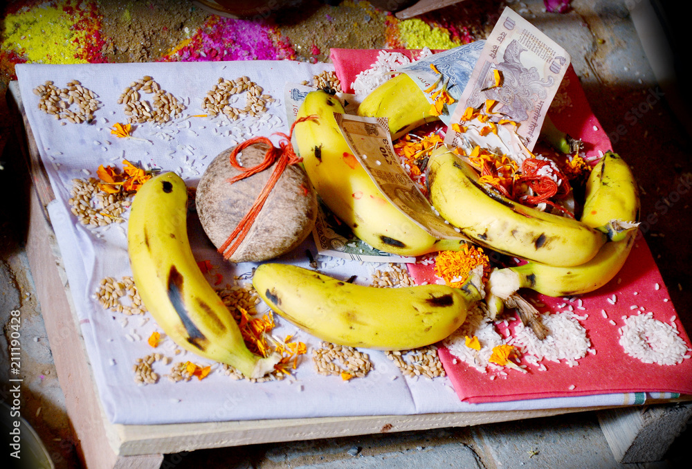 The prayer and worship items for thread ceremony, pooja (Puja) of the