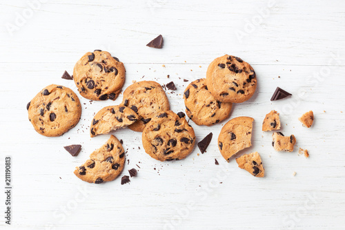 American cookies with chocolate chips on white wooden background. Top view.