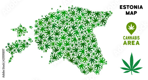 Weed Estonia map mosaic of marijuana leaves. Narcotic dependence template. Vector Estonia map is shaped of green herbal leaves. Abstract territorial scheme in green color tinges. photo