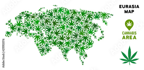 Cannabis Eurasia map mosaic of marijuana leaves. Narcotic distribution concept. Vector Eurasia map is designed of green herbal leaves. Abstract territorial scheme in green color variations.