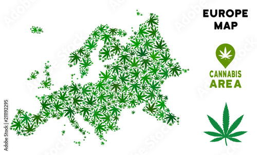 Cannabis Europe map mosaic of marijuana leaves. Narcotic addiction concept. Vector Europe map is made of green weed leaves. Abstract area scheme in green color shades.