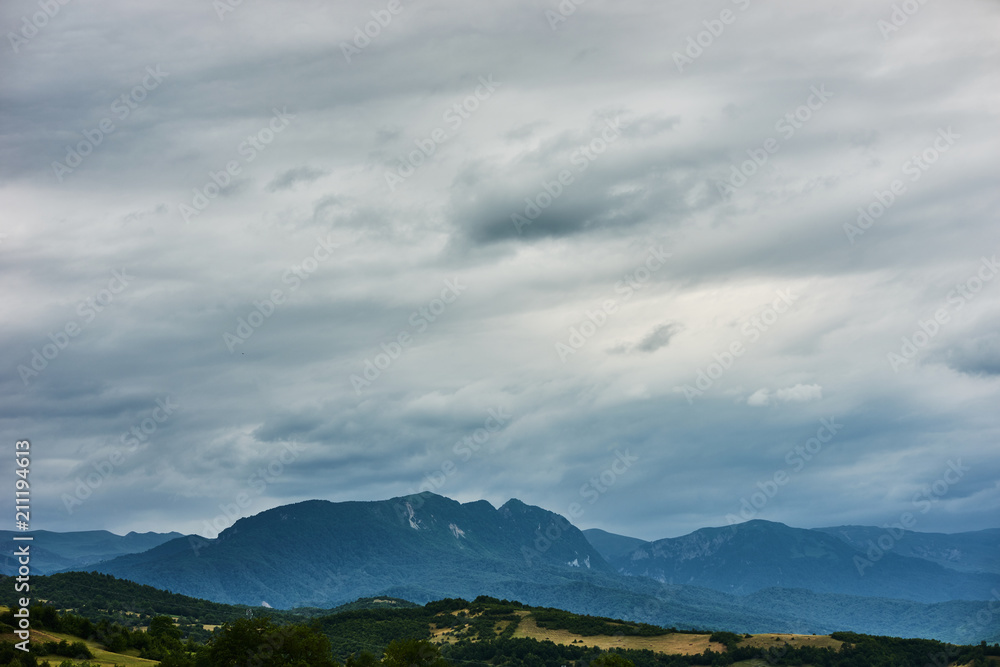 Mountain forest landscape covered by green pine under morning sky with clouds, Country Side