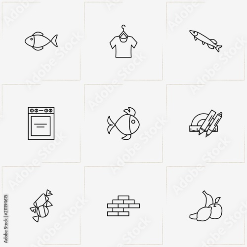Product Categories line icon set with chancery , fruits  and construction material