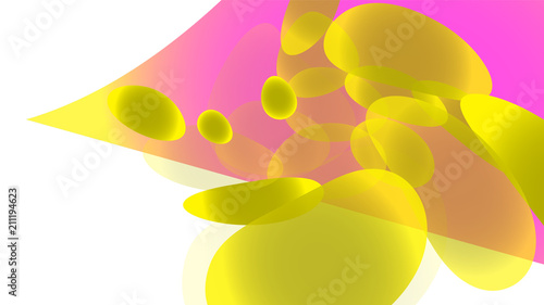 Texture of transparent yellow abstract volumetric fashion unique magic round of different shapes of light beautiful aerial space bubbles, drops on a white background. Vector illustration.
