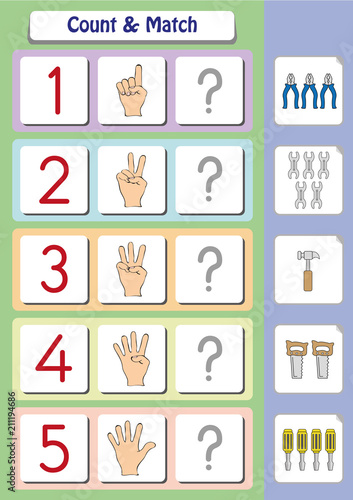 math worksheet for kindergarten kids, count and match