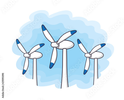 Wind turbines in sky.