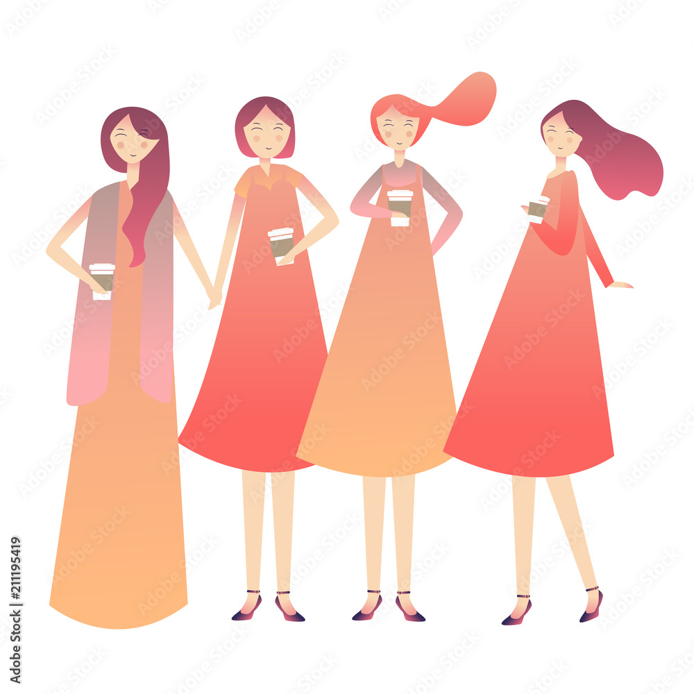 Girls having holding drinking coffee laughing enjoy moment standing together Girls having holding drinking coffee laughing enjoy moment standing together