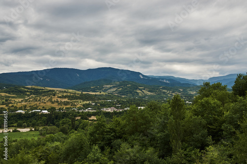 Mountain forest landscape covered by green pine under morning sky with clouds, Country Side