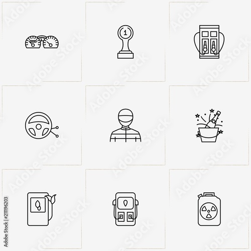Racing line icon set with champagne , gas canister and speedometer