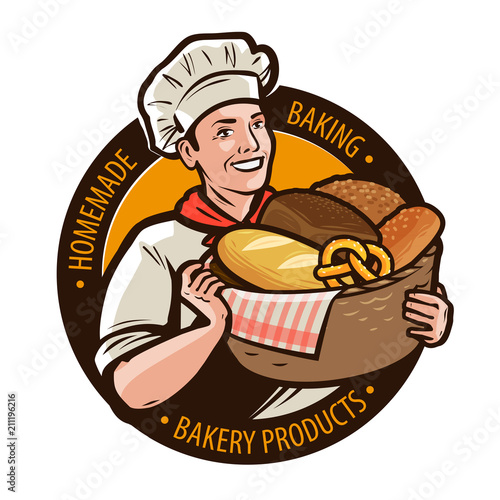 Bakery, bakeshop logo or label. Home baking, bread concept. Cartoon vector illustration