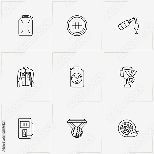 Racing line icon set with trophy, champagne  and gas canister