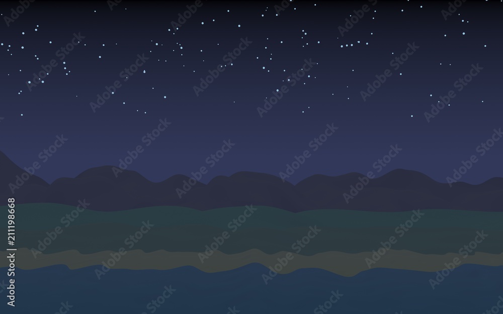 Starry moonless sky. Ocean shore line with waves on a beach. Island beach paradise with waves. Vacation, summer, relaxation. Seascape, seashore. Minimalist landscape, primitivism. 3D illustration Starry moonless sky. Ocean shore line with waves on a beach. Island beach paradise with waves. Vacation, summer, relaxation. Seascape, seashore. Minimalist landscape, primitivism. 3D illustration