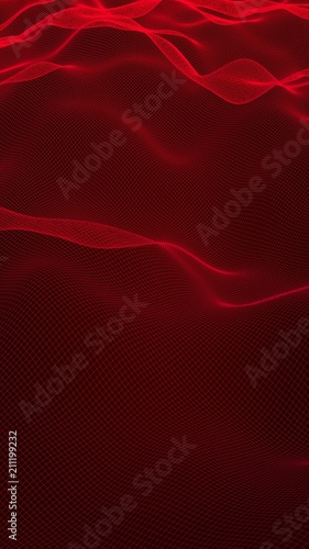 Abstract landscape on a red background. Cyberspace grid. Hi-tech network. Vertical image orientation. 3D illustration
