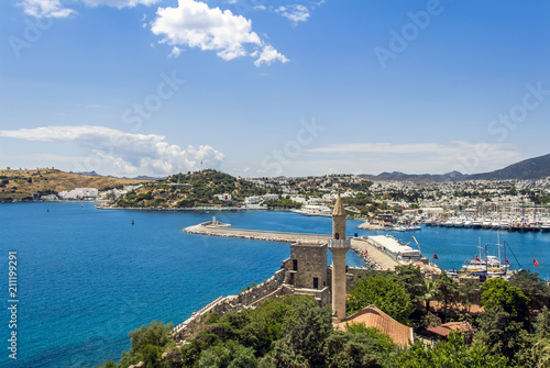 Bodrum, Turkey, 19 May 2010: Bodrum Castle , Mosque Minaret and Bodrum Marina