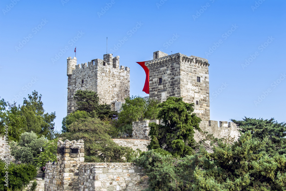 Bodrum, Turkey, 19 May 2010: Bodrum Castle with Turkish Flag