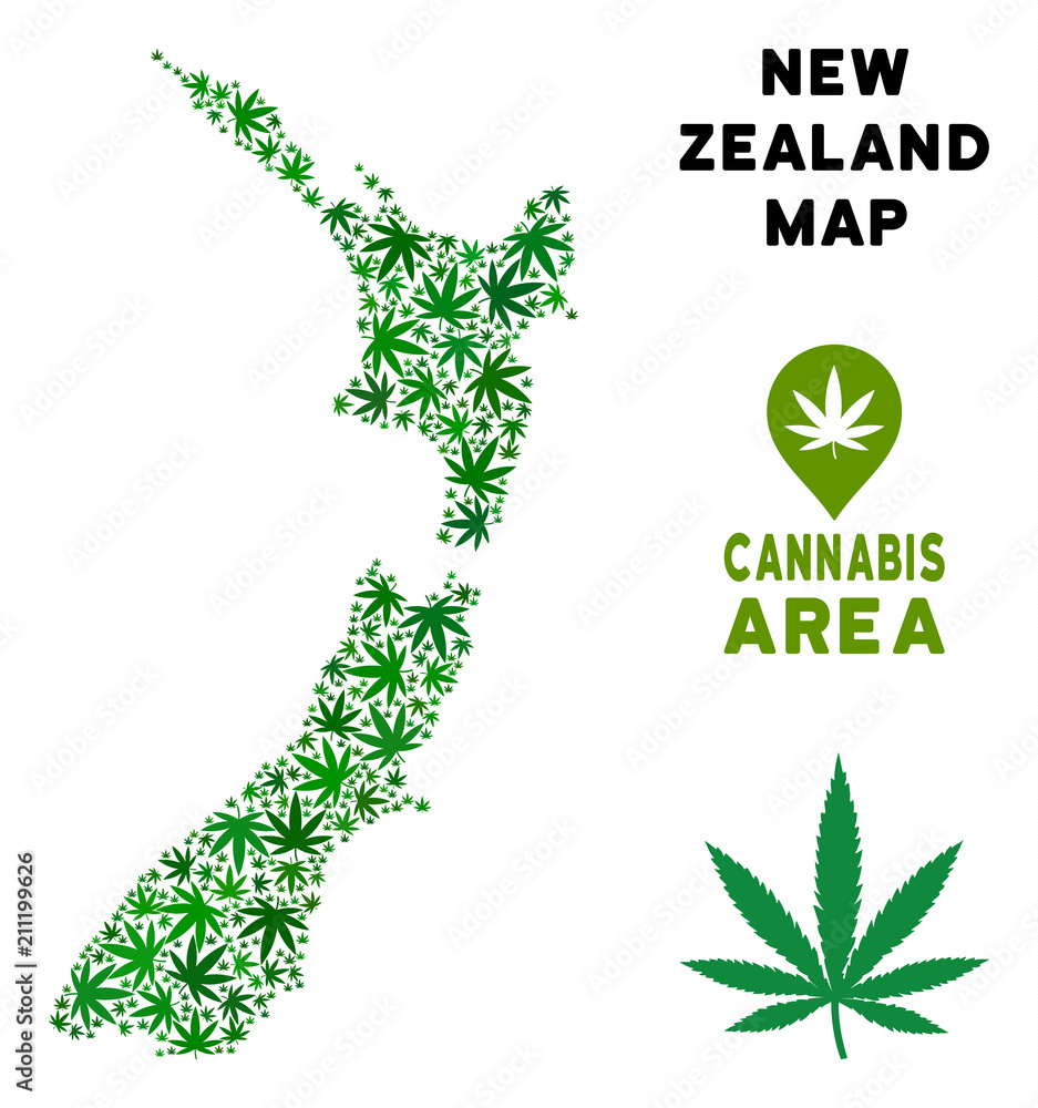 Weed New Zealand map collage of marijuana leaves. Narcotic dependence