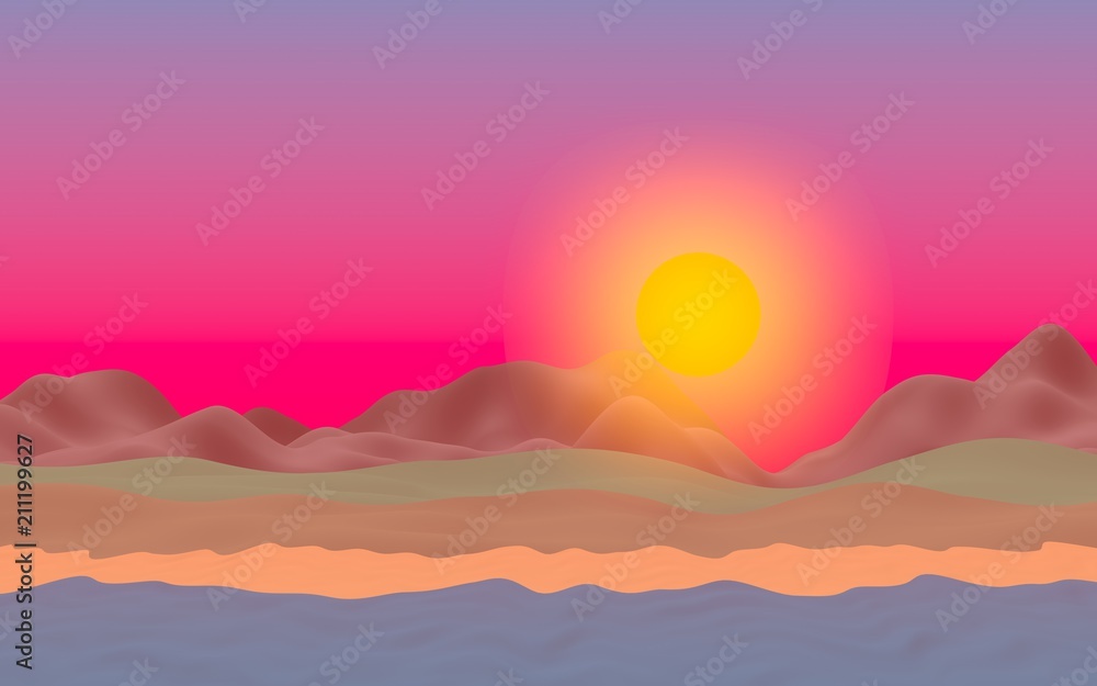 Sun Sea Beach. Sunset. Ocean shore line with waves on a beach. Island beach paradise with waves. Vacation, summer, relaxation. Seascape, seashore. Minimalist landscape, primitivism. 3D illustration