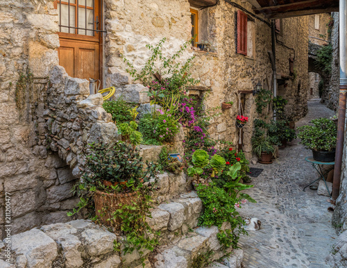 Cobbled laneway in the picturesque town of Peillon, a small village in the Alpes-Maritimes department in southeastern France