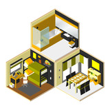 vector isometric home rooms set with dining room, kids room and bathroom