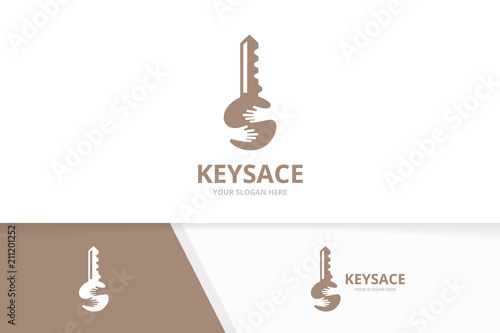 Vector key and hands logo combination. Lock and hug symbol or icon. Unique house and embrace logotype design template.