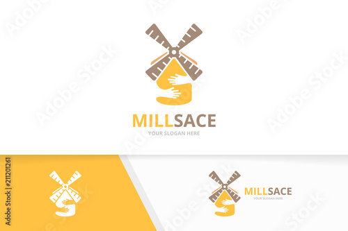 Vector mill and hands logo combination. Farm and hug symbol or icon. Unique windmill and embrace logotype design template.