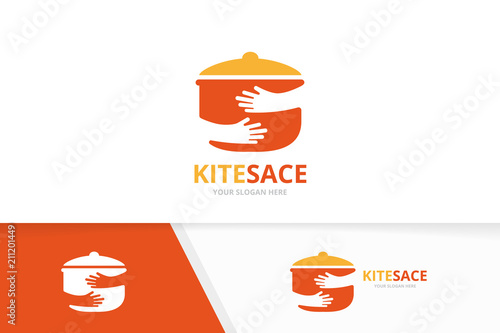 Vector pot and hands logo combination. Kitchen and hug symbol or icon. Unique pan and embrace logotype design template.