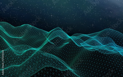 Abstract landscape on a dark background. Star horizon. Cyberspace grid. Hi-tech network. Outer space. Starry outer space texture. 3D illustration