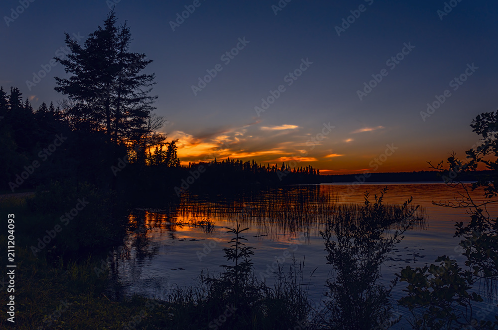 blue lake and red sunset glow, black silhouettes of trees and reflection in the water