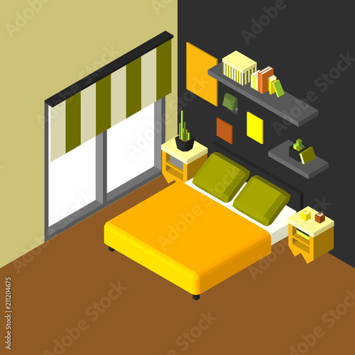 Vector isometric low poly bedroom room icon