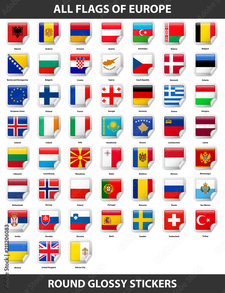 Flags of all countries of Europe. Round Glossy Stickers Flags of all countries of Europe. Round Glossy Stickers