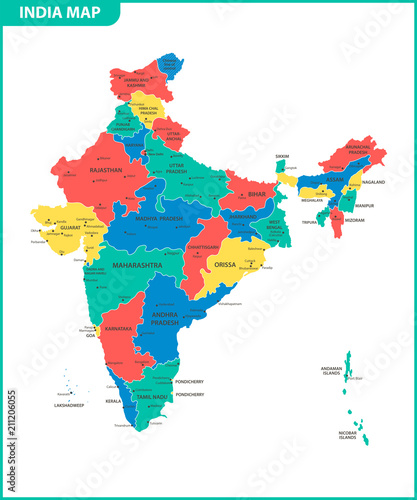 The detailed map of the India with regions or states and cities, capital. Administrative division.