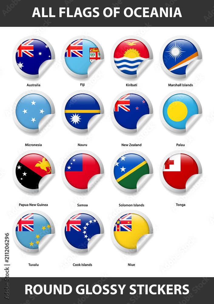 Flags of all countries of Oceania. Round Glossy Stickers Flags of all countries of Oceania. Round Glossy Stickers