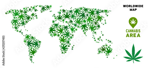 Cannabis world map composition of marijuana leaves. Narcotic distribution template. Vector world map is made of green cannabis leaves. Abstract territorial plan in green color hues.