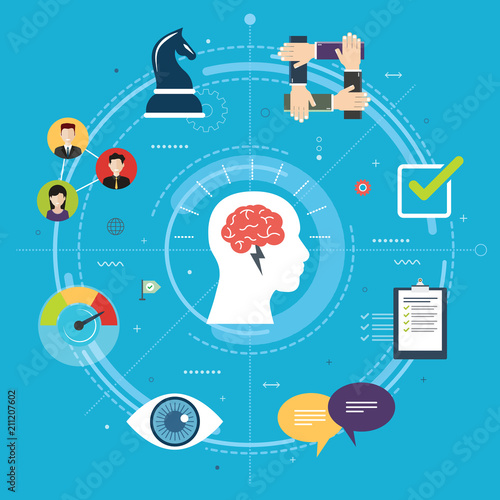 Leadership, vision and strategy, confidence in business and in sucess. Teamwork and partnership, business and expertise.Internet banner concept in flat design vector illustration in blue background.