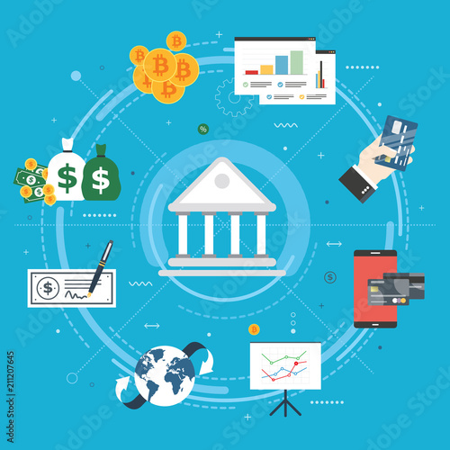 Banking and finance, economy, investment and payment. Online payment, credit card, check, bitcoin or cryptocurrency. Internet banner concept in flat design vector illustration in blue background.