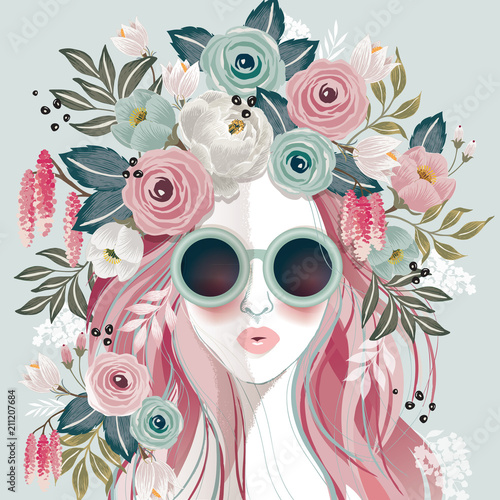 Fototapeta Naklejka Na Ścianę i Meble -  Vector illustration of a sunglasses girl with floral headdress in spring for Wedding, anniversary, birthday party. Design for banner, poster, card, invitation and scrapbook	
