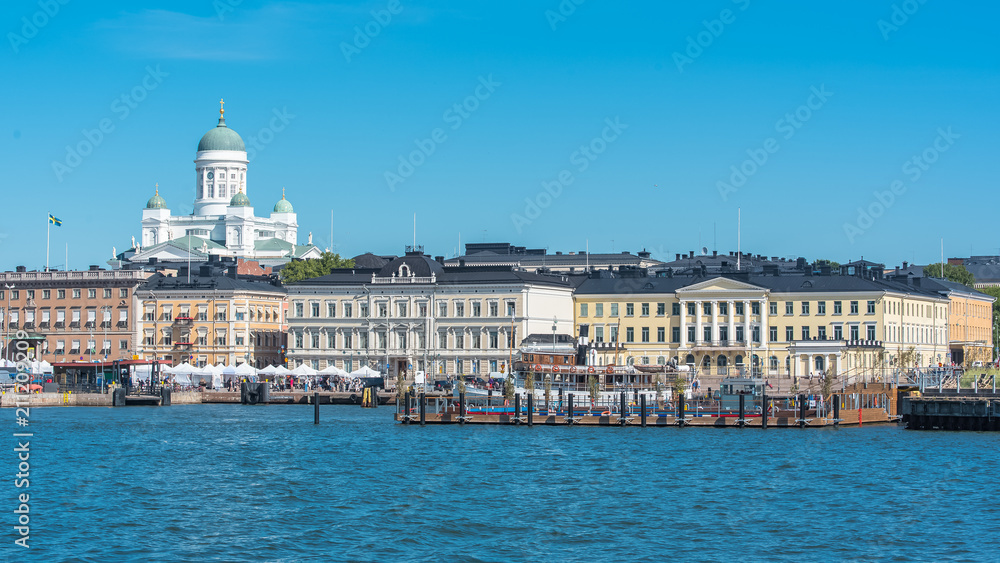 Helsinki in Finland, panorama of the town from the sea, with the cathedral in background
