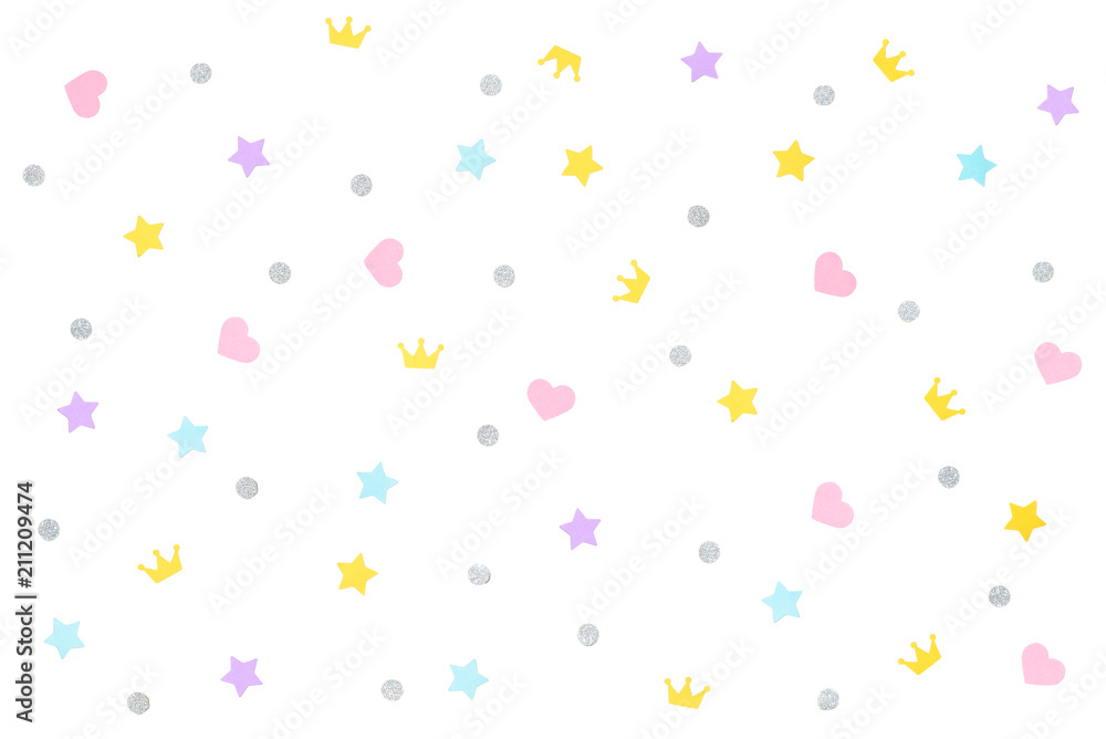 Cute heart star and crown confetti background  - isolated