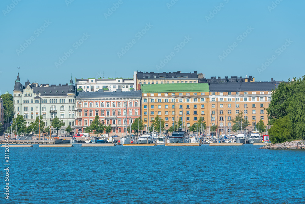 Helsinki in Finland, panorama of the town from the sea, with beautiful colorful buildings
