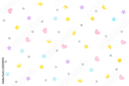 Cute heart star and crown confetti background  - isolated