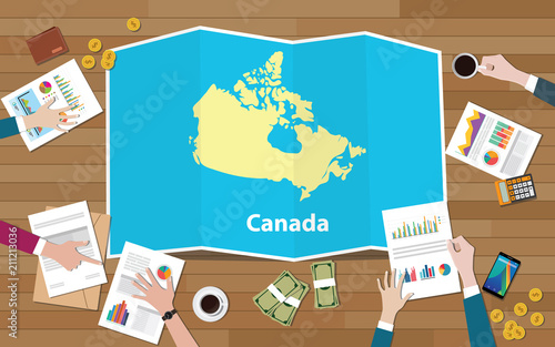 canada economy country growth nation team discuss with fold maps view from top