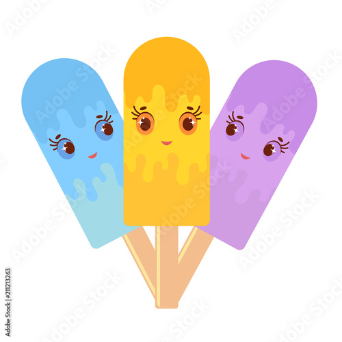 Set of flat colored isolated cartoon ice-cream, drizzled with glaze blue, yellow, purple. On wooden sticks. On a white background.